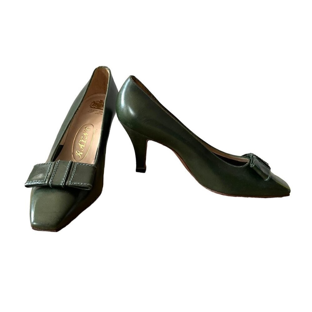 Vintage UK Rayne Green Leather Bow Pumps, Size US 7.5